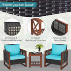 COSTWAY 3 Pieces Wicker Patio Furniture Set, Outdoor Wicker Sofa with Acacia Wood Frame, Coffee Table & Washable Cushions, Rattan Conversation Sets for Yard, Porch, Bistro Balcony Backyard, Turquoise