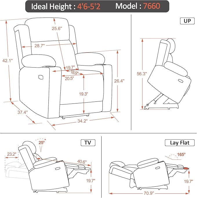 MCombo Small Triple Motor Power Lift Recliner Chair with Massage and Heat for Petite Elderly People, Adjustable Headrest, Infinite Position, USB Ports, Fabric 7664 (Brown, Small)