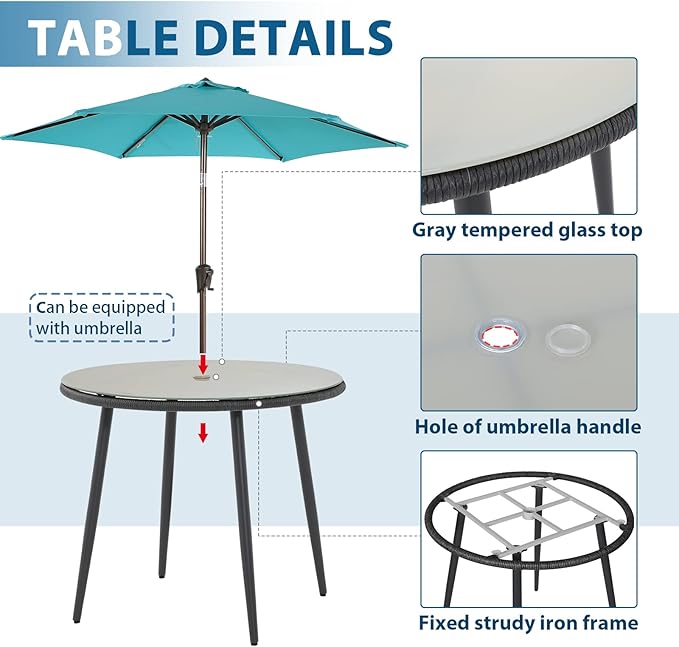 JOIVI 5 Piece Outdoor Dining Set, Wicker Patio Furniture Dining Chairs and Table Set with Cushions for 4 People, Tempered Glass Tabletop with 2.16” Umbrella Hole, for Lawn, Backyard, Garden, Black