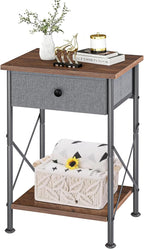 VECELO End Tables, Modern Nightstand with Fabric Drawer & Open Shelf, Night Stand for Bedroom Living Room, Industrial Metal Frame, Easy Assembly, Retro Brown,1 Pack