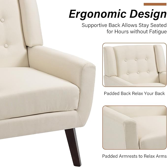 Accent Chairs Set of 2, Modern Fabric Armchairs for Living Room, Comfy Upholstered Arm Chairs Tufted for Indoor Bedroom Office Room (White)