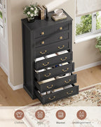 AOGLLATI Farmhouse Dresser with 7 Drawers, 58.7”Tall Wooden Chest of Drawers with Natural Texture, Vintage Design, Black Dresser for Bedroom, Black