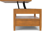 SIMPLIHOME Warm Shaker Lift Top Coffee Table - 48 inch Wide Solid Wood Cocktail Table in Light Golden Brown, Transitional Living Room Table with Hidden Storage, 2 Drawers, and Open Shelf