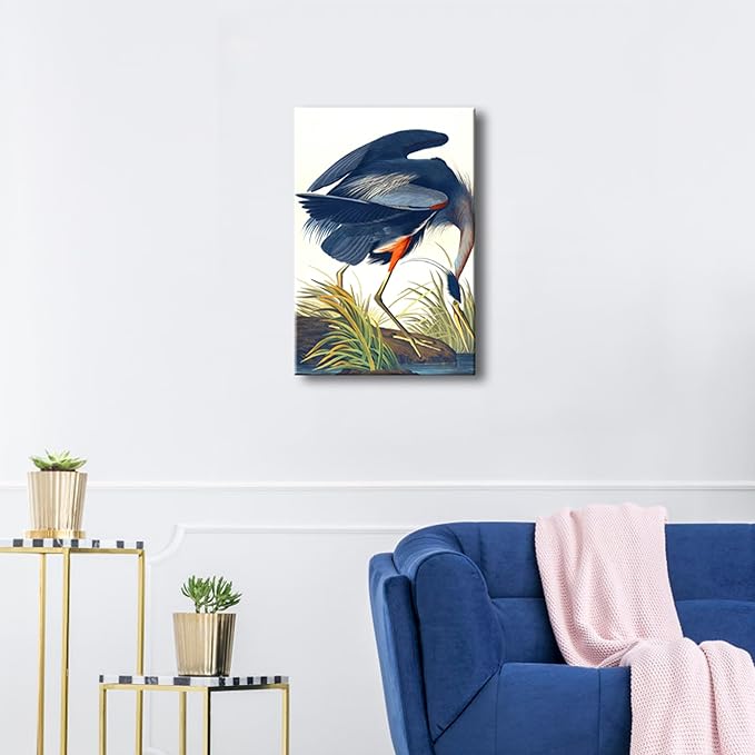 Wieco Art Canvas Print Wall Art Great Blue Heron by John James Audubon Vintage Poster Birds of America Antique Bird Illustration Wall Art for Living Room Home Kitchen Decorations