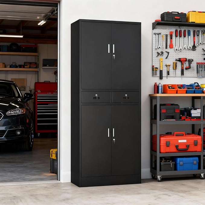 BESFUR Metal Cabinet, Garage Storage Cabinet with Drawers and Adjustable Shelves for Garage, Office, Classroom- Black