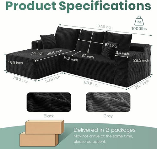 107" Boneless Couches for Living Room, Modular Cloud Sectional Couches L Shaped Sofa with Oversized Chaise Comfy Corduroy Home Sofa (Black, Left Facing Chaise)