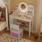 HONEY JOY Kids Vanity with Lights and Open Bookshelf, Cloud Princess Makeup Dressing Desk, Drawers, Wooden Pretend Play Toddler Vanity Table & Chair Set with Lighted Mirror for Little Girls (White)