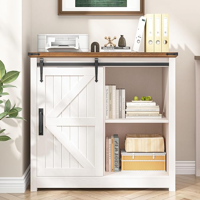 Vabches Lateral File Cabinets with Adjustable Shelf, Farmhouse Filing Cabinet with Lock for Home Office, Filing Organization Storage Cabinets with Sliding Barn Door for Hanging Files Letter/A4.(White)