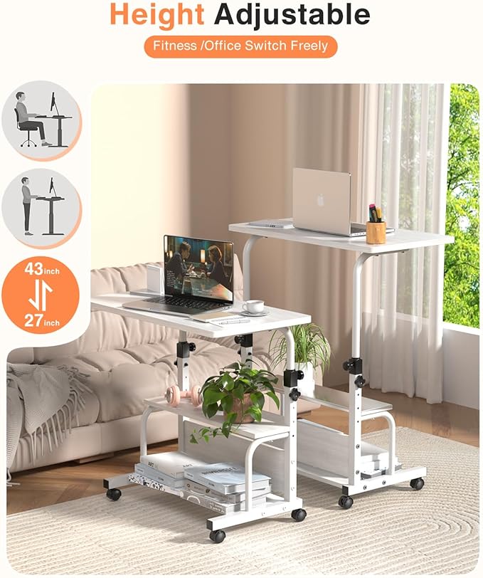 Portable Desk with Wheels Small Standing Desk on Wheels Adjustable Height Rolling Desks for Small Spaces, 32" Computer Desks with Storage Shelves for Home Office Study White