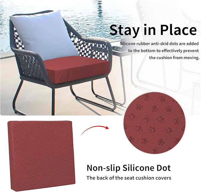 Easy-Going Waterproof Patio Cushion Covers ONLY Cover 24x22x4 inch 2 Pack Replacement Non-Slip Outdoor Seat Cushion Slipcover with Zipper. Wine