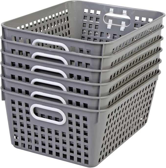 Really Good Stuff - 160016PE Multi-Purpose Plastic Storage Baskets for Classroom or Home Use - Stackable Mesh Plastic Baskets with Grip Handles 13" x 10" (Pebble - Set of 12)