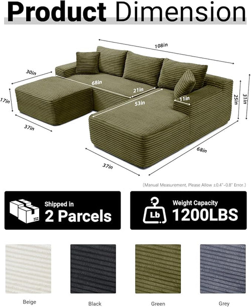 108 Inch Cloud Sectional Couch,Modern Modular Sectional Sofa with Deep Seat,Corduroy Boneless Couches with L-Shape Chaise for Living Room,No Assembly Required (Green, Right Facing Chaise + Ottoman)