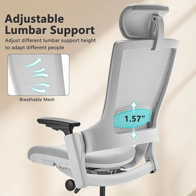 CLATINA Ergonomic High Swivel Executive Chair with Adjustable Height Head 3D Arm Rest Lumbar Support and Upholstered Back for Home Office Gray Mesh 2 Pack