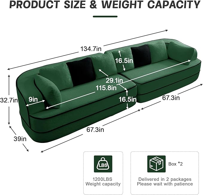 Cloud Sectional Sofa Modern Boneless Couch for Living Room, Comfy Deep Seat Comfy Teddy Fabric Double Sofa Chaise No Assembly Required (Green, 77.2" Double Chaise Lounge)