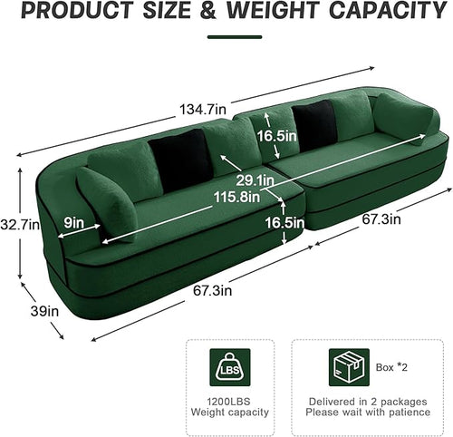135" Modular Sectional Couch, 4-Seater with Throw Pillows Modern Teddy Fabric Foam Boneless Sofa for Living Room, Oversized with Deep Seat, No Assembly Required,Green