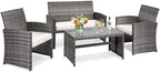 COSTWAY Patio Furniture Set 4 Pieces, Outdoor Wicker Chairs Sofa w/Coffee Table and Soft Cushions, Rattan Conversation Sets for Patio Lawn Backyard Yard Pool Garden, White