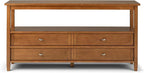 SIMPLIHOME Warm Shaker Wide Console Table - 60 Inch Wide Solid Wood Sofa Table in Light Golden Brown, Transitional Storage for Living Room with 4 Drawers, Open Shelf, and Brushed Nickel Knobs