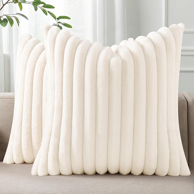 Pallene Faux Fur Plush Christmas Throw Pillow Covers 24x24 Set of 2, Luxury Soft Fluffy Striped Decorative Pillow Covers for Sofa, Couch, Living Room, Cream White