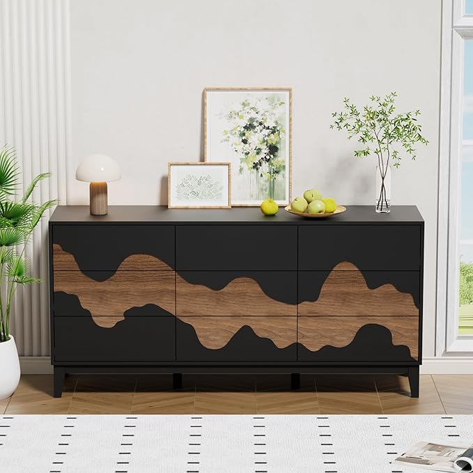 UEV 9 Drawer Dresser for Bedroom, 63" Long Mid-Century Modern Chest of Drawers with Unique Water Stream Pattern, Wooden Dressers Organizer for Living Room, Nursery (Black and Brown)