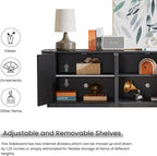 LKTART 64" Sideboard Buffet Cabinet with Storage, Wooden Fluted Storage Cabinet Sideboard Credenza with Adjustable Shelves Pressed Spring for Kitchen Living Room (Black Gray)