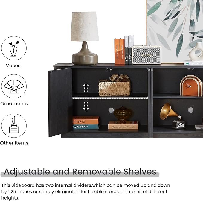 LKTART 64" Sideboard Buffet Cabinet with Storage, Wooden Fluted Storage Cabinet Sideboard Credenza with Adjustable Shelves Pressed Spring for Kitchen Living Room (Black Gray)