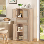 LEYAOYAO 48" Tall Storage Cabinet Set of 2,Rattan Bathroom Floor Cabinets with 4 Doors & 1Drawer,Boho Kitchen Pantry with Adjustable Shelves,Wooden Cupboard for Living Room,Home Office,Natural Wood