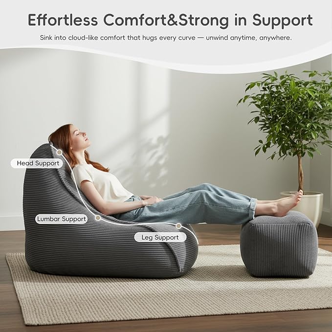 Cloud Bean Bag Chair with Ottoman for Adults, Comfy Corduroy Chaise Lounge Chair with High-Resilience Foam, Oversized Boneless Reading Chair for Bedroom & Living Room