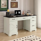 Executive Desk, Farmhouse Home Office Desk with Drawers and Storage Cabinet, Wood Computer Desk for Work and Study, Antique White (Style one)