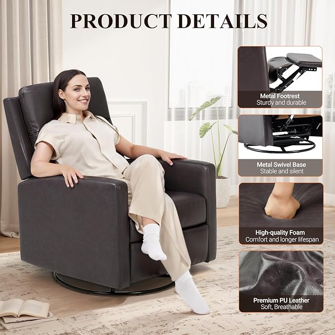 Swivel Rocking Recliner,Wide PU Leather Glider Sofa Chair with Ergonomic High Backrest for Bedroom,Living Room（Chocolate Brown）