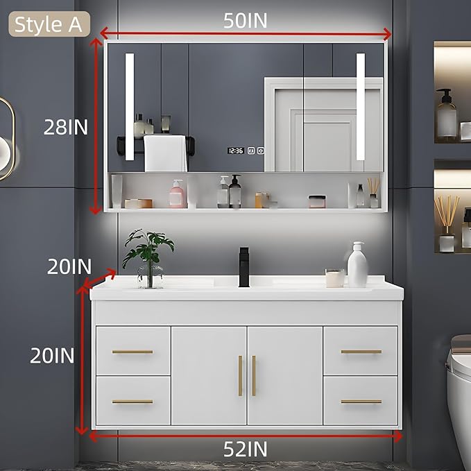 52IN Modern Bathroom Vanity - LED Intelligent Mirror Cabinet Includes Time Display & Defogging | Bathroom Cabinet with Sink & Open Storage Compartments, Ceramic Washbasin, 4 Drawers (Style A)