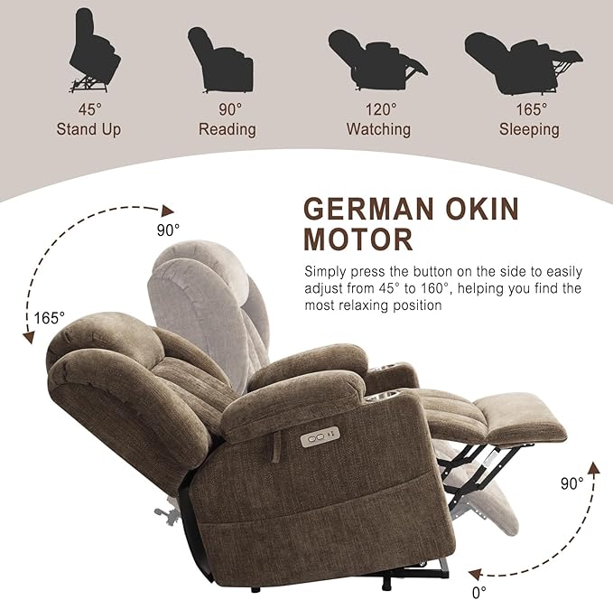 Large Power Lift Recliner Chair with Massage and Heat, Durable Heavy Duty Steel Mechanism Chenille Fabric High-Density Sponge, USB & Type-C Port Standing Assistance Brown Reclining Chair