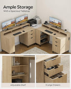 55" Fluted Executive Desk with Charging Station, Modern Wood Home Office Desk with with Storage Shelf & File Drawer, Writing Study Computer Table for Work Study, Light Oak