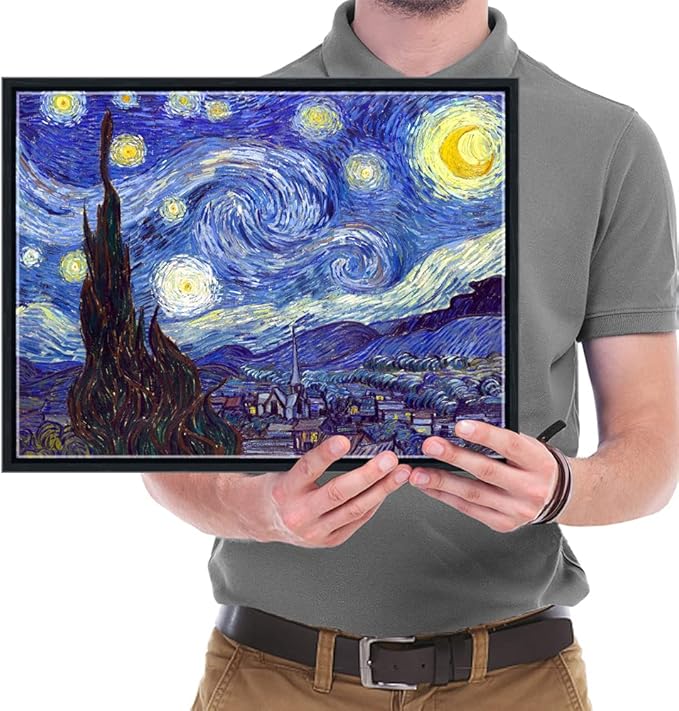 Wieco Art Framed Art Canvas Prints of Starry Night by Vincent Van Gogh Paintings Reproduction Post-Impressionism Artwork Framed Wall Art for Living Room Wall Decor Home Decorations Black