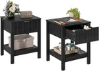 Fluted Night Stand with Golden Handle,Set of 2 Mid-Century Nightstands with Drawer, Bedside Table with Storage Shelf, Side Tables for Room,End Tables for Bedroom,Black Wood Grain