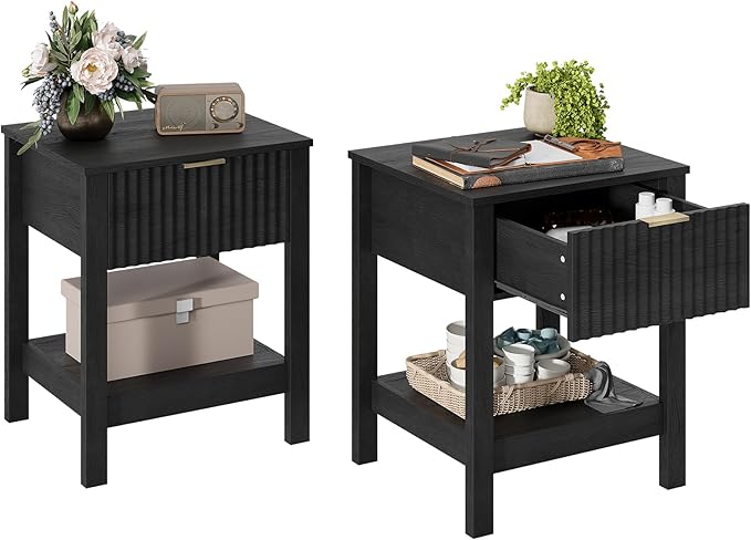 Fluted Night Stand with Golden Handle,Set of 2 Mid-Century Nightstands with Drawer, Bedside Table with Storage Shelf, Side Tables for Room,End Tables for Bedroom,Black Wood Grain