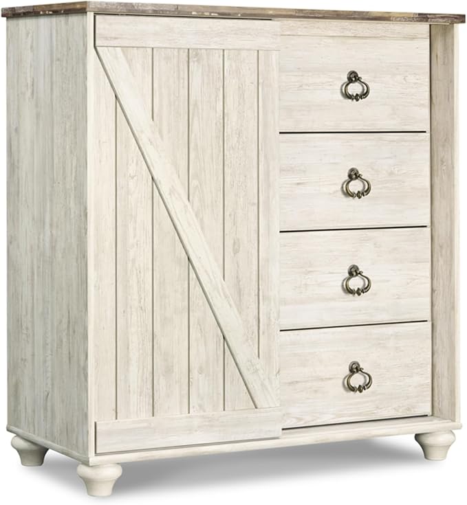 Signature Design by Ashley Willowton Shabby Chic Dressing Chest with Faux Plank Top, Whitewash