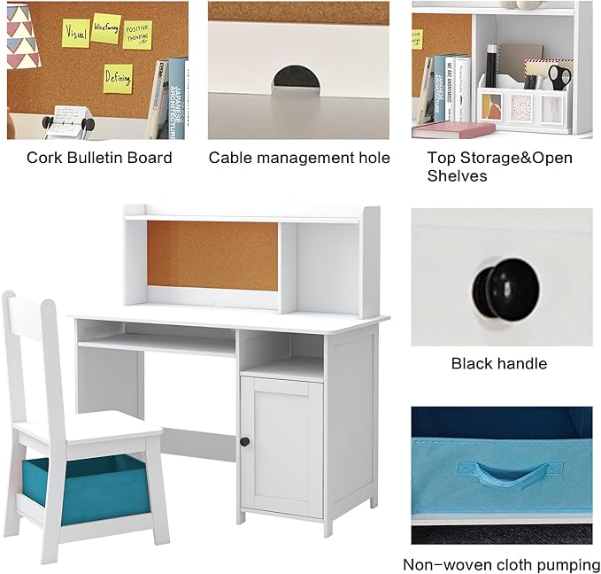 TaoHFE Kids Desk and Chair Set, Kids Desk Chair with Storage and Shelf, Wooden Kids Table and Chairs for Bedroom and Study, Craft Table with Storage Gifts for Boys, Girls to Study, White