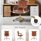 MOJAY Mid-Back Ergonomic Leather Office Chair, Modern Upholstered Executive Desk Chair with Gold Frame Armrest Computer Task Chair (Caramel)
