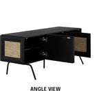 NTC Mossic TV Media Cabinet with 3 Doors for TVs, Entertainment Center with Natural Rattan, Metal Legs, Modern Storage Console for Living Room and Bedroom, Effortless Assembly, Burnt Black