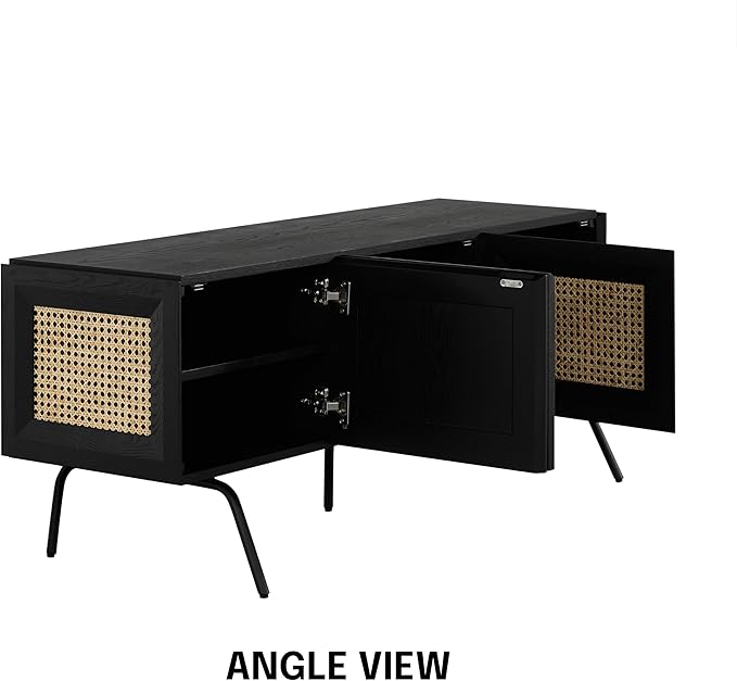 NTC Mossic TV Media Cabinet with 3 Doors for TVs, Entertainment Center with Natural Rattan, Metal Legs, Modern Storage Console for Living Room and Bedroom, Effortless Assembly, Burnt Black