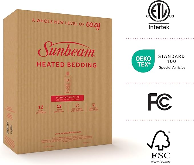 Sunbeam Electric Heated Mattress Pad Soft Cozy Fabric Fast Heating 12 Heat Settings 12-Hour Auto Shut-Off Deep Pocket Skirt Machine Washable King 80" x 76"
