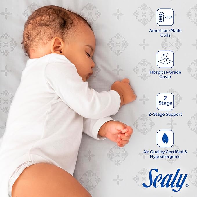 Sealy Baby Posture Haven Orthopedic Antibacterial 2 Stage Waterproof Crib Mattress plus Toddler Bed Fit, 204 Premium Coils, GREENGUARD Gold Certified, Safety & Quality Tested, Made in USA, 52"X28"