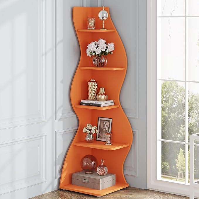 Tribesigns Corner Shelf, Modern 5-Tier Wall Corner Bookshelf, Stylish Corner Small Bookcase Storage Rack Plant Stand with Unique Shape for Living Room, Home Office (Orange, 2PCS)