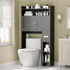 MU Over The Toilet Storage Cabinet with Doors, 32" Bathroom Storage Organizer with Side Shelves, Space-Saving Toilet Storage Rack for Bathroom, Laundry (Black)