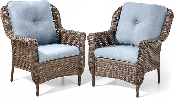 Patio Wicker Chairs Outdoor Furniture Chair - Set of 2 Outside All Weather Lawn Dining Brown Rattan Armchair with High Back&Deep Seating for Deck Porch Balcony Backyard Garden - Baby Blue