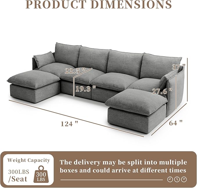 Waterproof Cloud Sectional Couches for Living Room,High Backrest Down Filled Couch,6 Seater Oversized Modular U-Shaped Sofas with Chaise,Detachable Sofa Covers,Deep Grey