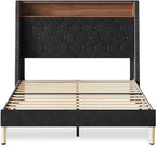 WLIVE Full Size Upholstered Bed Frame with Storage Headboard, Velvet Square Tufted Platform Bed with Charging Station, Sturdy Metal & Wooden Slats Support, No Box Spring Needed, Black