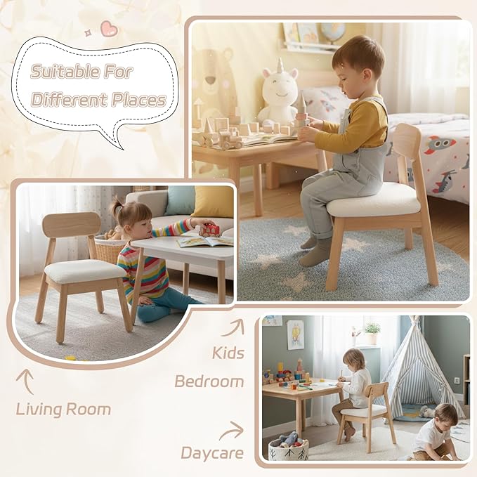Kid Chair, Shepra Toddler Chairs Comfy Reading Chair for Kids Bedroom, Activity Table Chairs with Solid Wood Legs, Little Kids Furniture Wooden Stool for Children Playroom/Nursery/Gifts, White