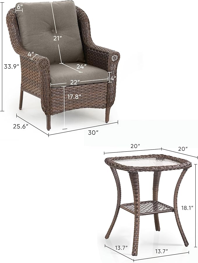 3 Piece Patio Brown Wicker Chairs with Side Table - Outdoor High Back Heavy Duty All-Weather Lawn Dining Rattan Chair Conversation Bistro Set for Deck Porch Balcony Backyard Garden - Grey