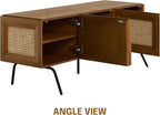 NTC Mossic TV Media Cabinet with 3 Doors for TVs, Entertainment Center with Natural Rattan, Metal Legs, Modern Storage Console for Living Room and Bedroom, Effortless Assembly, Rustic Oak